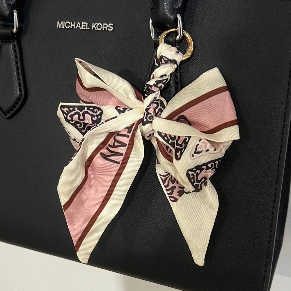 Inspired Cream, Pink and Brown Scarf Bow Bag Charm with O Ring Clip - Picture 4 of 5